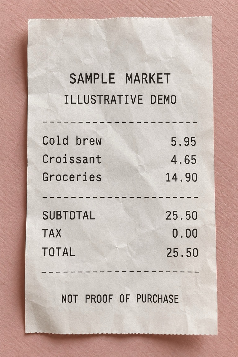 Fictional Sample Market receipt showing cold brew 5.95, croissant 4.65, groceries 14.90, and a 25.50 USD total. Labeled illustrative demo and not proof of purchase.